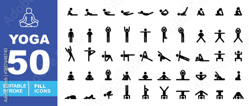 Yoga solid fill icon set. Editable stroke icons for Fitness Apps and Physical Wellness. Featuring various dynamic silhouettes such as Headstand, Crow Pose, Cobra, Plank, and Balance Exercises