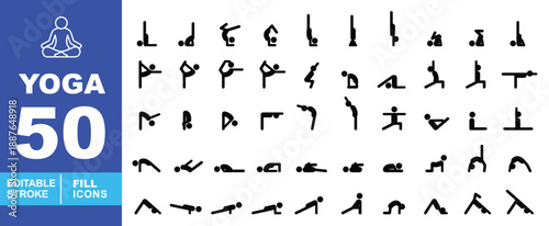 Yoga solid fill icon set. Editable stroke icons for Fitness Apps, Gym Branding, and Physical Wellness. Featuring various dynamic silhouettes such as Headstand, Handstand, Warrior Pose, Crow Pose