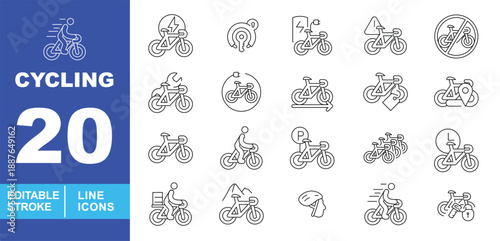 Cycling and bicycle services line icon set. Editable stroke icons for Bike Sharing, E-bike Charging, Repair Services, and Urban Cycling. Featuring Electric Bike, Bike GPS Tracking, No Cycling Sign