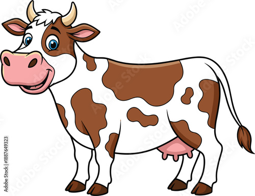 Cute cartoon dairy cow illustration with smiling face, friendly farm animal character, brown and white cattle 