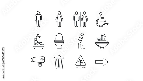 Collection of restroom and bathroom icons for public facilities.