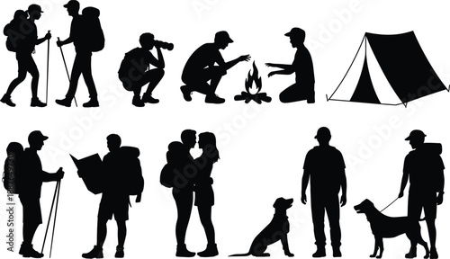 Set of outdoor hiking and camping silhouettes featuring backpackers, travelers with dogs, a campfire, tent, and couples trekking in nature for adventure travel design.