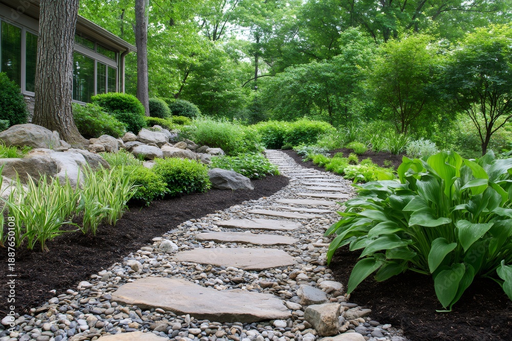 Obraz premium Stepping stone pathway winding through lush garden landscaping