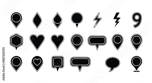 Black and white illustration of various map markers and symbols on a plain white background in a flat lay composition.