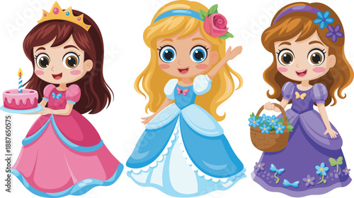 Set of cute little princess characters in beautiful ball gowns with birthday cake and flower basket for girls party invitation nursery decor and fairy tale illustration.