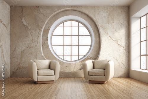 Two modern chairs sit in a bright room with a large circular window.