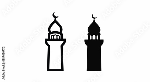 Black and white minimalist illustration of two mosque towers with crescent moons on a plain white background.