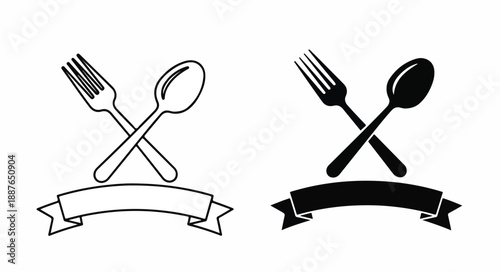 Vector illustration of a crossed fork, spoon, and banner on a white background for food and dining design.