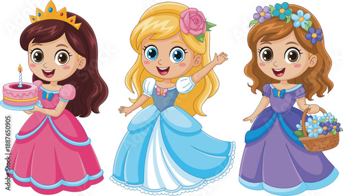 Set of cute little princess girl characters in colorful dresses with crown birthday cake and flower basket for fairytale children party invitations.