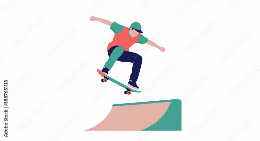 Fototapeta premium Dynamic skateboard jump trick over quarter pipe ramp