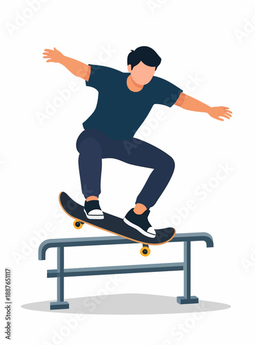 Flat vector illustration of skater performing rail grind trick