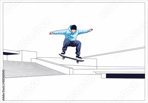 Skater jumping over stairs in modern urban architecture illustration