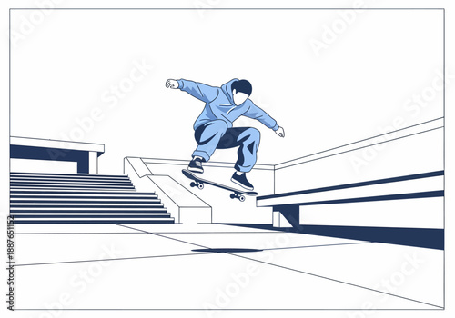 Blue toned line art illustration of skateboarder jumping in city