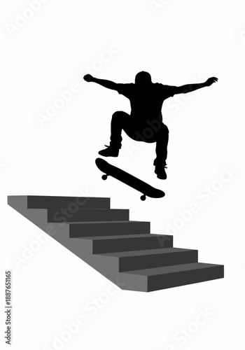 Dramatic silhouette illustration of skateboarder jumping over urban stairs