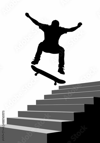 Skateboarder silhouette performing ollie jump over urban stairs