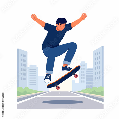 Skateboarder performing ollie jump in urban city background