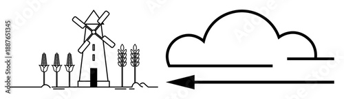 Renewable energy concept. Windmill and environmental elements demonstrate renewable energy and sustainability. Renewable energy drives eco-friendly solutions and green technology. For environment
