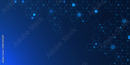Science, medical, health care and technology design concept. Abstract futuristic hexagons pattern with glowing dots on dark blue background. Vector
