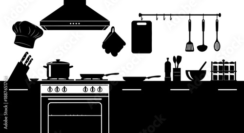 Modern Kitchen Silhouette with Appliances and Utensils.