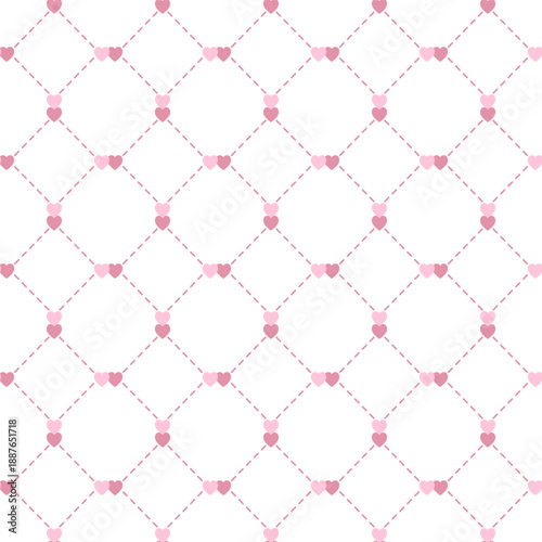 A seamless pattern of diamond grid embroidery with hearts on white background. Symbol of love. For designing Mother's Day or Valentine's Day greeting cards. Vector illustration.