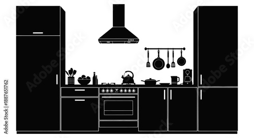 Modern Kitchen Silhouette With Appliances And Utensils.
