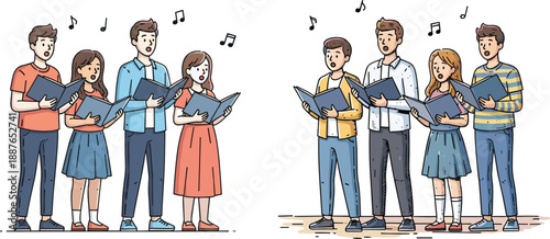 Group choir singing, youth music performance, vocal harmony, casual clothing, expressive faces, teamwork, songbooks, musical notes, 