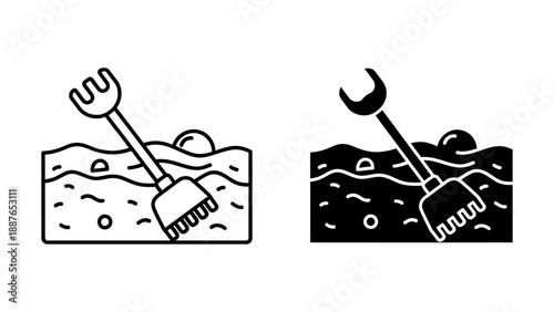 Monochrome Vector Illustration of Toy Rake in Sand with Sun