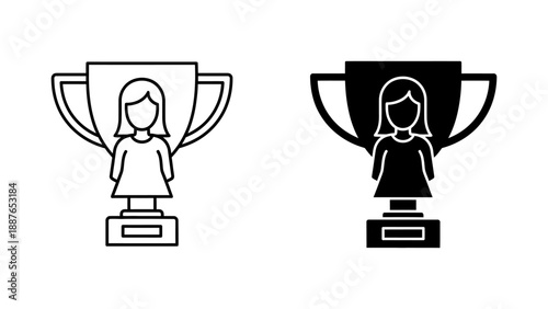Minimalist Female Achievement Trophy Icon Set: Outline and Glyph