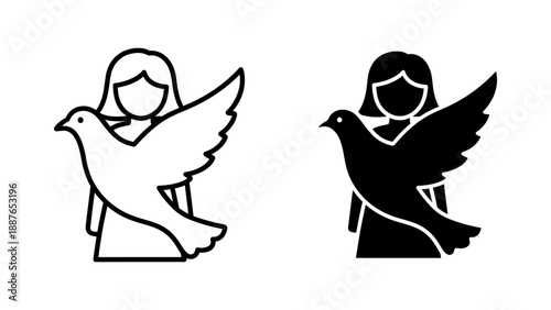 Outline and Solid Black Icons of Person and Dove Symbolizing Peace