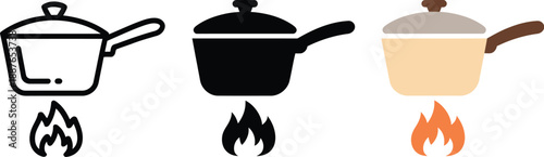 Diverse Cooking Pot, and Flame Icons for Culinary and Kitchen Related Designs