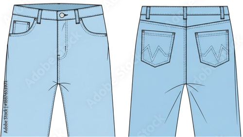 Illustration of light blue jeans front and back view on a white background