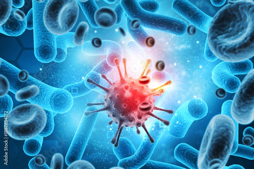 3D Microscopic Render of Influenza A Virus (H3N2) on Futuristic Scientific Background