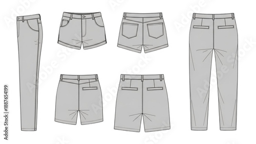 Collection of various grey trousers and shorts illustrations displayed from different angles