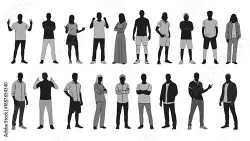 Diverse group of silhouetted people standing in various poses and gestures displayed in a grid pattern