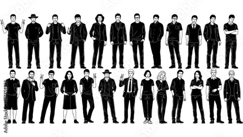 Diverse group of professionals standing together in formal attire from various professions and ages in a monochrome illustration