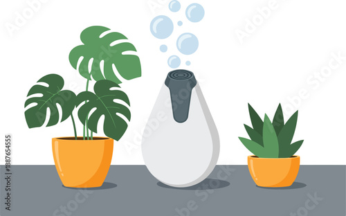 Modern humidifier on table with green plants for improved air quality transparent background