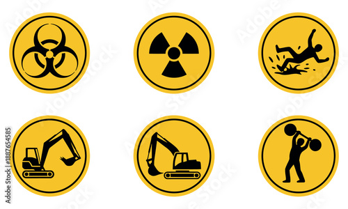 Hazard Warning Sign Icon Set Vector Featuring Biohazard, Radiation, Electric Shock, and Industrial Safety Symbols