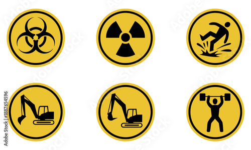 Hazard Warning Sign Set featuring biohazard, radiation, electric shock, and slippery floor yellow triangle symbols
