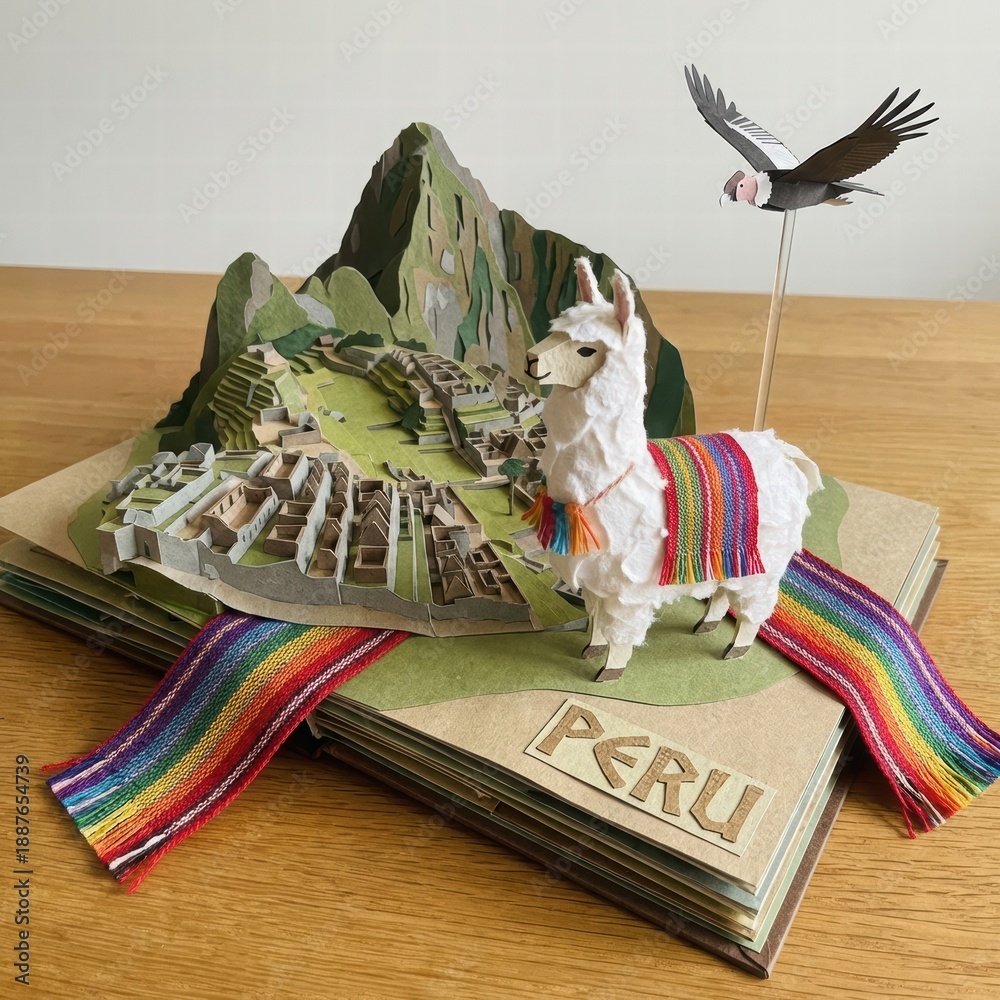 Fototapeta premium Colorful Pop-Up Book of Peru Featuring Llama and Mountain Landscape