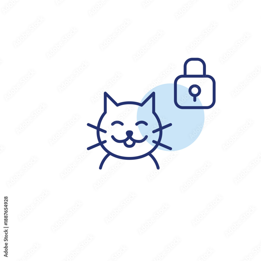 Fototapeta premium Cat and lock. Private pet profile, safety chip. Pixel perfect, editable stroke vector icon