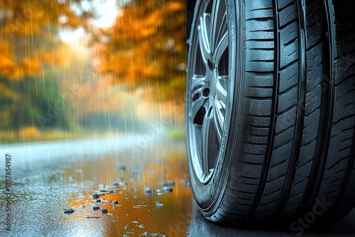 Wallpaper Mural Wet tire tread close-up against a roadside background with a blurred effect, highlighting automotive dynamics. Torontodigital.ca