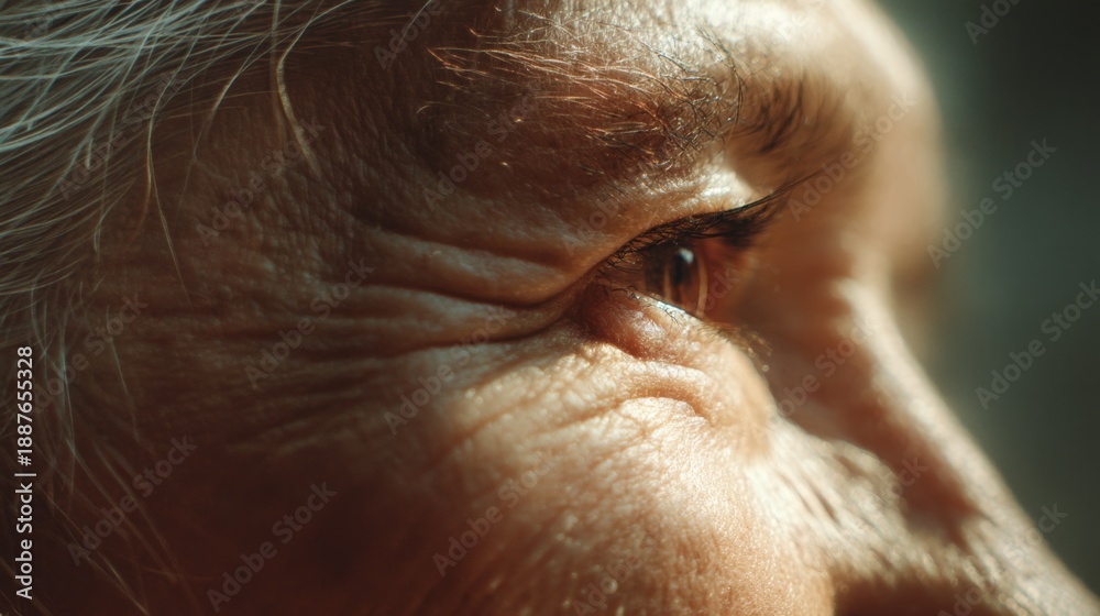 Fototapeta premium Close-Up Portrait of an Elderly Woman's Eye with Detailed Skin Texture and Expressive Wrinkles, Capturing Wisdom and Life Experience in Natural Light