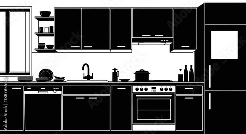 Modern Kitchen Interior Design Black and White Illustration.