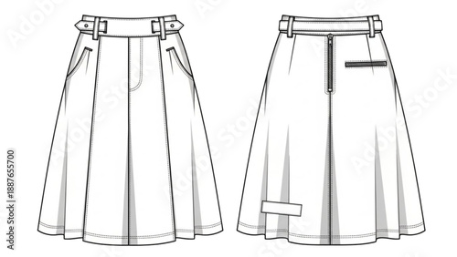 Fashion illustration of a pleated skirt with belt and pockets, viewed from front and back