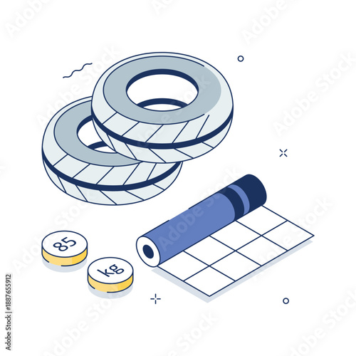 A trendy isometric illustration featuring tyre exercise strength training
