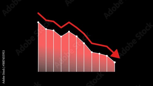 Graph going down animated video clip, describing stock or forex crashing, red arrow falling, investment or finance collapse