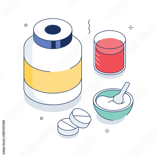 Get this trendy isometric illustration presenting nutritional supplements for fitness