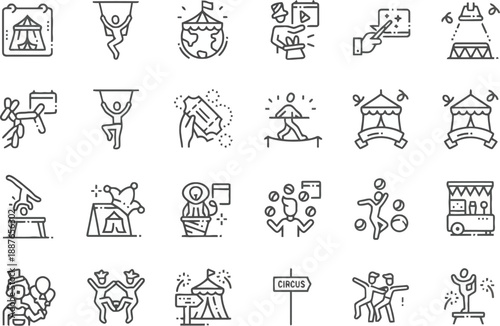 Collection of circus-themed icons in simple line art style, featuring tents, performers, animals, and equipment.