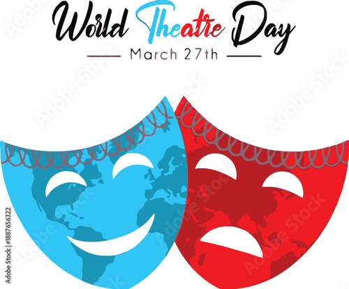 World Theatre Day celebration graphic featuring blue and red masks with world map textures, representing global drama and art.
