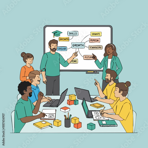 Flat Line Illustration Students Presenting Diagram in Class Education Scene